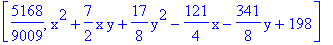 [5168/9009, x^2+7/2*x*y+17/8*y^2-121/4*x-341/8*y+198]
